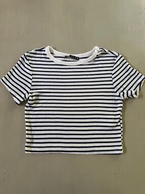 Zara White & Navy Striped Baby Tee Crop Top